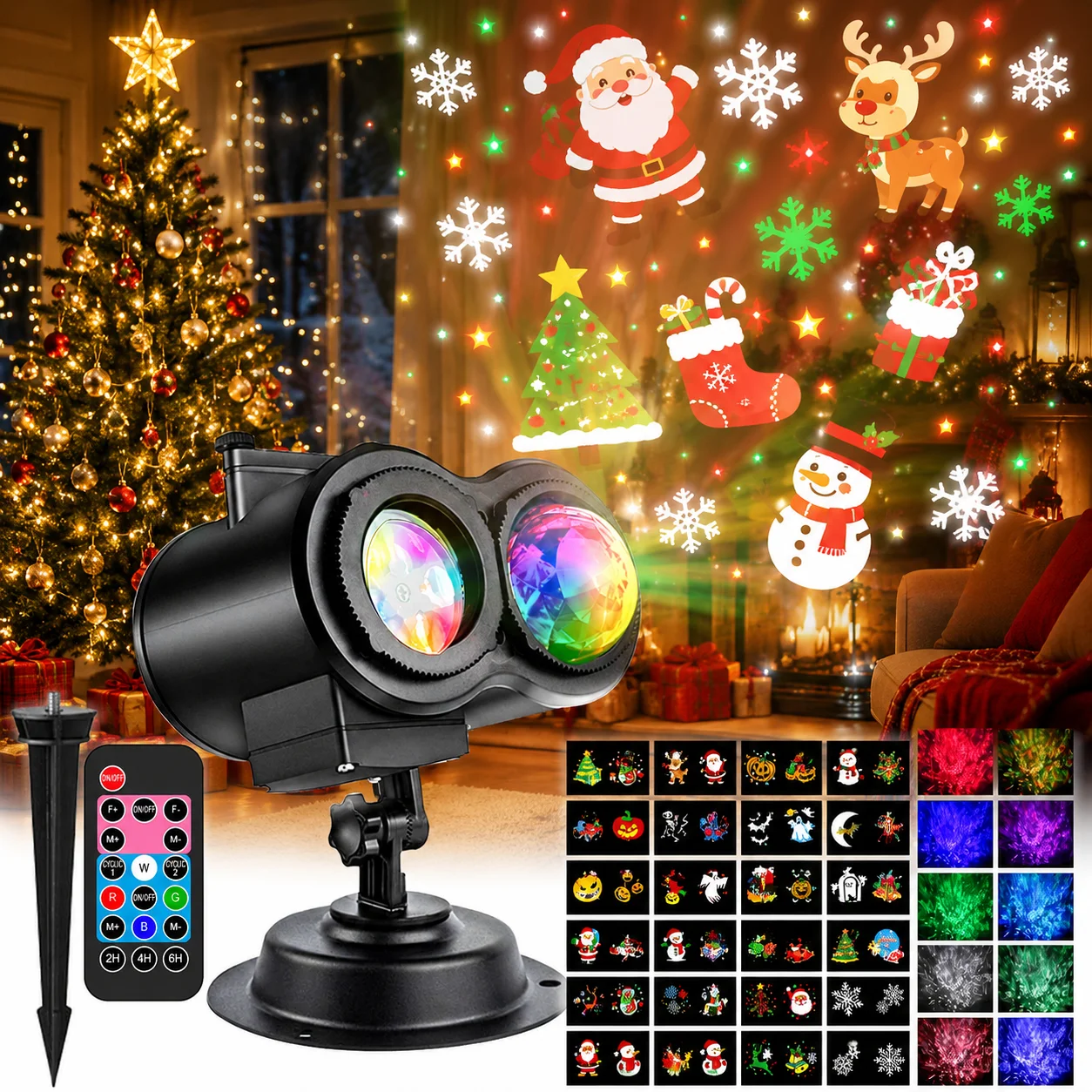 2-in-1-Dual-Lens-Feiertagsprojektorlicht mit Fernbedienung, IP45 wetterfeste Timer-Wasserwellen-LED-Projektionslampe für Halloween, Weihnachten, Ostern und Außendekoration.
