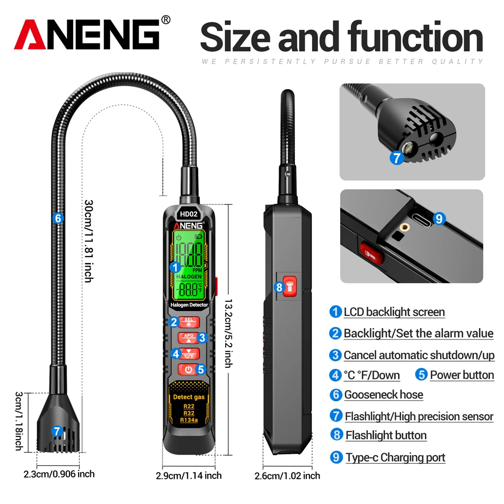 Detektor Kebocoran Gas Halogen Profesional ANENG HD02 0~1000PPM Penguji Refrigeran R22/R32/R134a Layar LCD Alarm Visual dan Suara