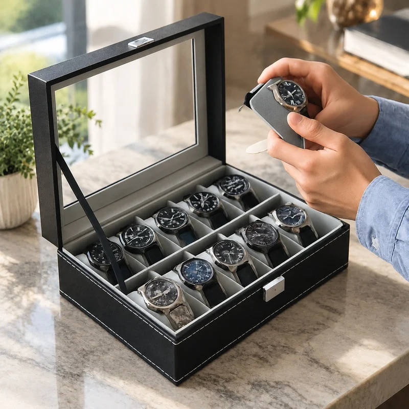 PU Leather Jewelry and Watch Display Box with Glass Lid, Multi-Compartment Organizer for Men, Available in 2-12 Slots