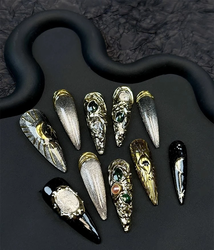 

Black and Silver Nail Art Wearing Nail Heavy Industry Three-dimensional Relief Pure Handmade Nail Piece