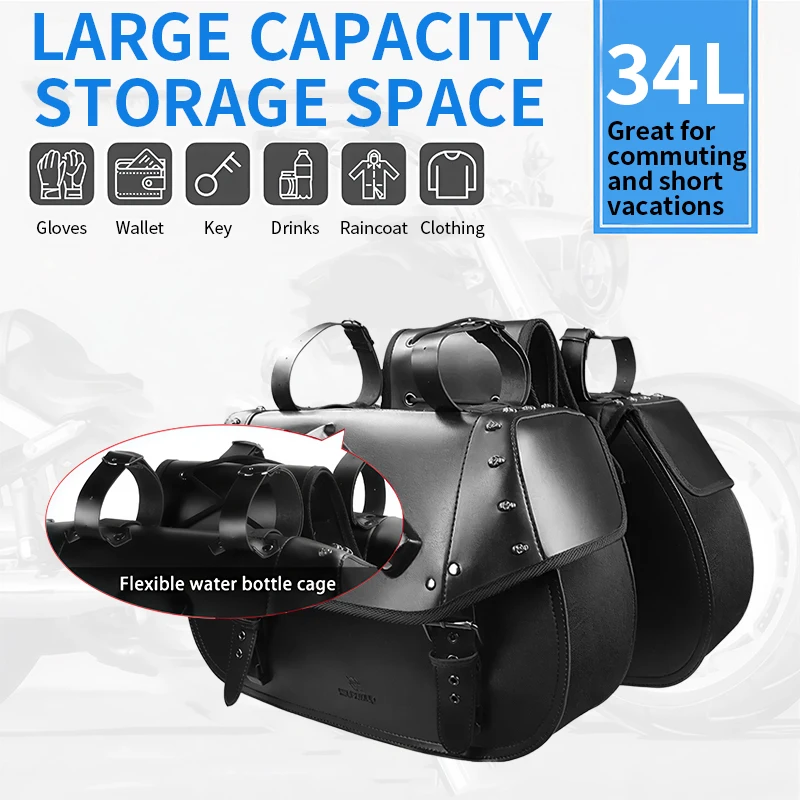 34L Universal Motorcycle PU Leather Saddlebags, Punk Gun Pattern Hard Shell Side Luggage Bags Waterproof Heat Resistant with Quick Release Buckles No Drill Mount Straps Fit for Harley Suzuki Kawasaki
