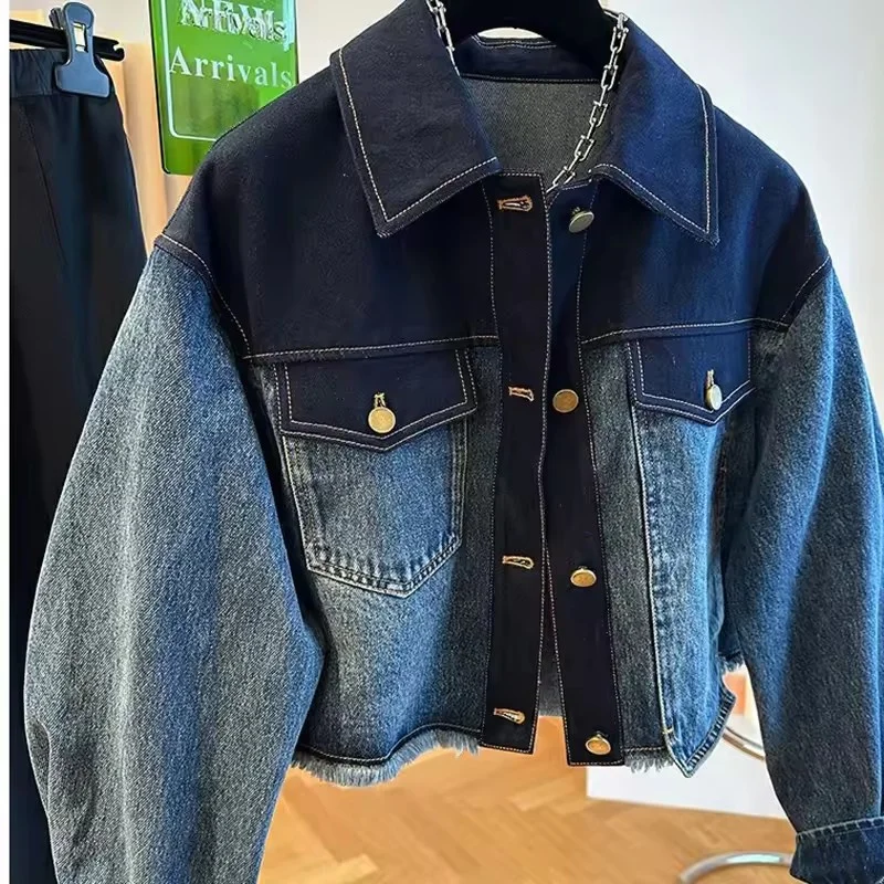 2025Spring Autumn Vintage Loose Denim Jacket Women Single Breasted Female Short Outwear Casual Jean Coats Gradient color Jackets