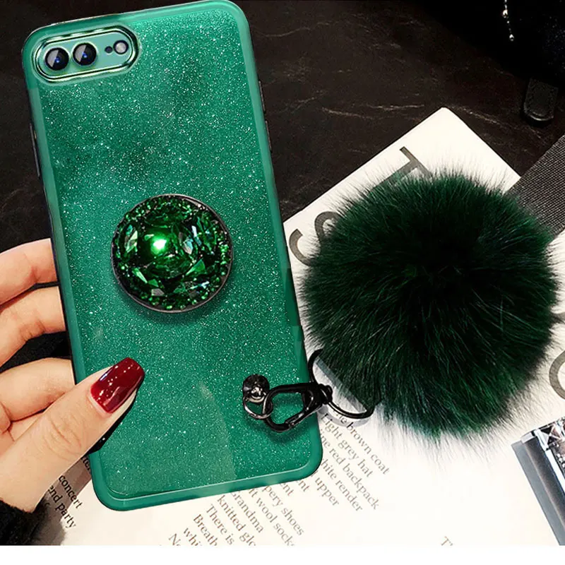 7Plus Luxury Fur Ball Lanyard Case For iphone 7 7Plus 8Plus 6Plus 8 14 Plus SE 2020 Glitter Case 8Plus With Diamond Holder Cover