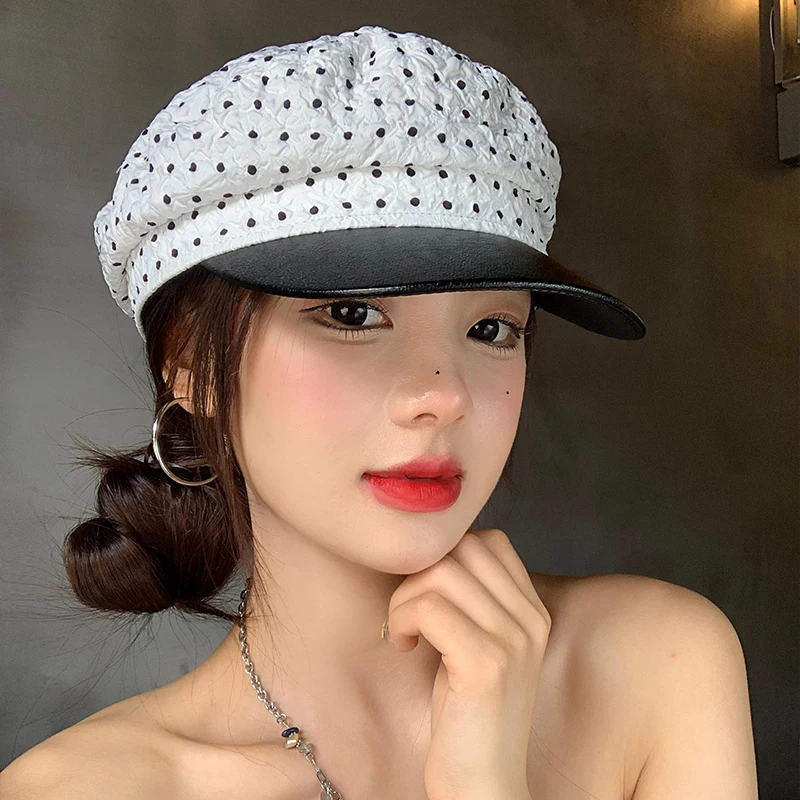 

Korean Ins Polka Dot Splicing Leather Brim Beret Women's Spring and Autumn Outdoor Versatile Flat-top Sunshade Newsboy Cap