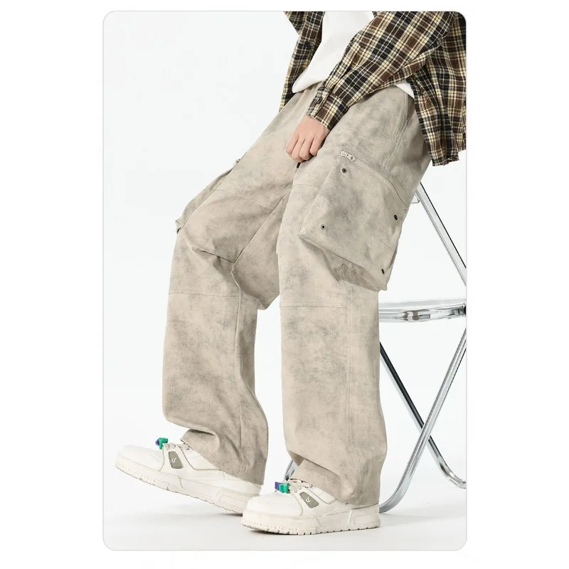 Pantalones elásticos de cintura alta con bolsillo para hombre, ropa de trabajo informal americana, a la moda y versátil, pantalones de pierna ancha para primavera y otoño