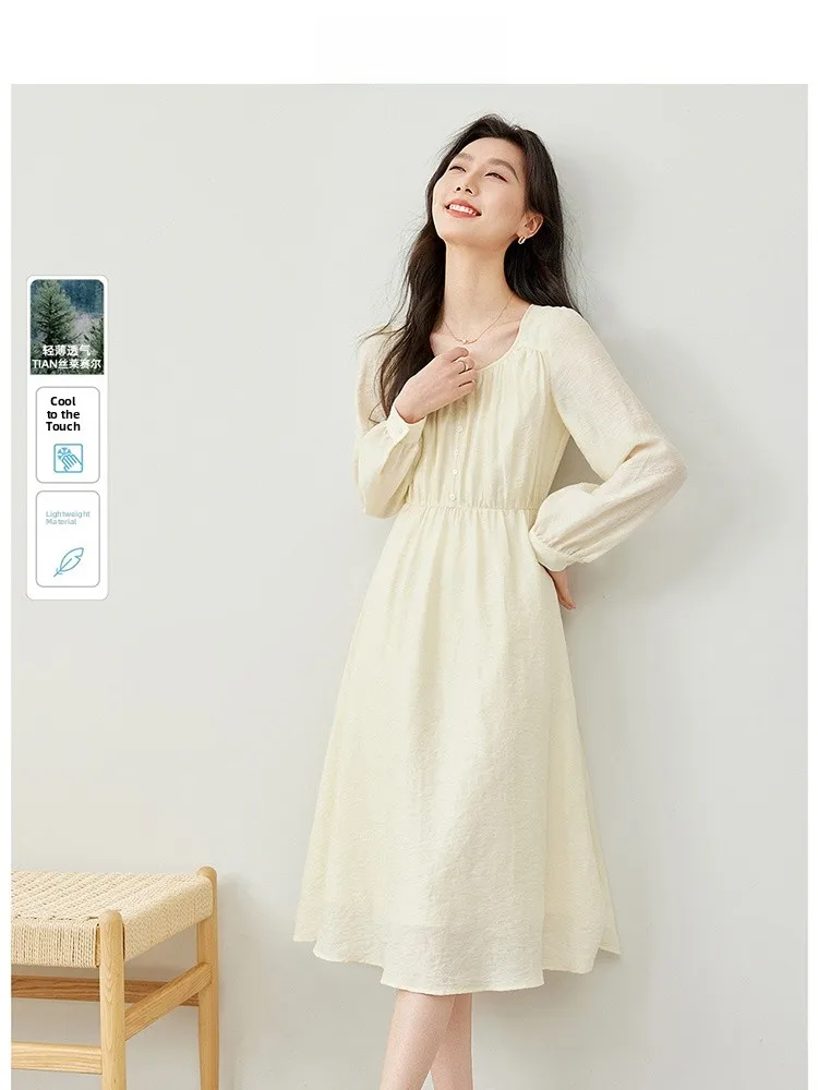 

Elegant Chiffon round Neck Long Sleeve Dress Women's Commute Waist Cinched Midi Skirt Artistic Style Spring New Arrival