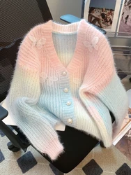 Nuovo 2024 autunno inverno Cardigan e maglioni lavorati a maglia per le donne bottoni singoli farfalla arcobaleno colori Cardigan Pullover donna