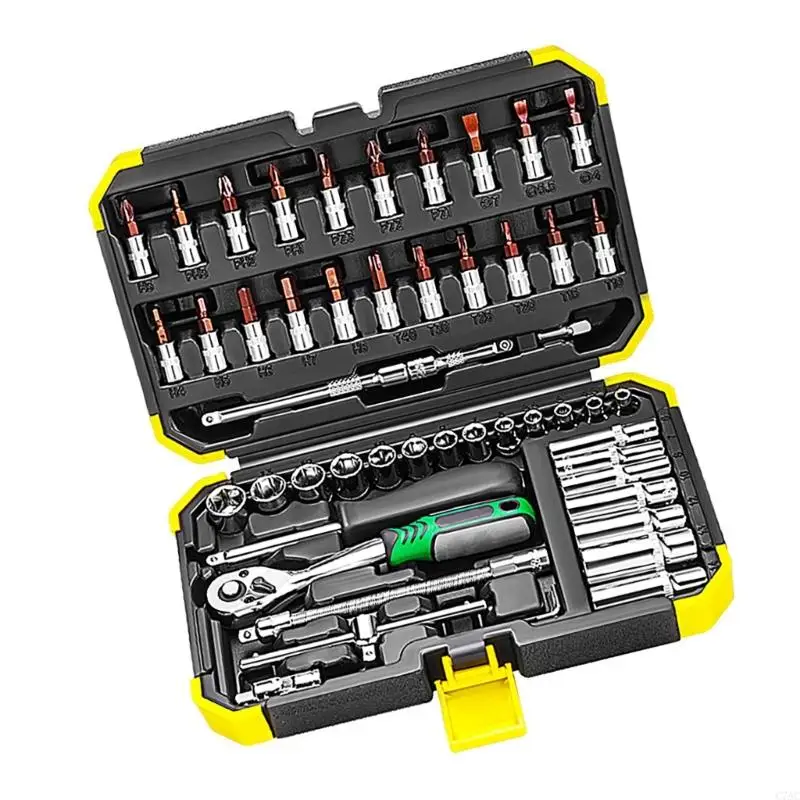 53Pcs 1/4 Inches Ratcheting Sockets Wrenches Extension Bar Set for Automotive Repairs and Home Projects C7AC