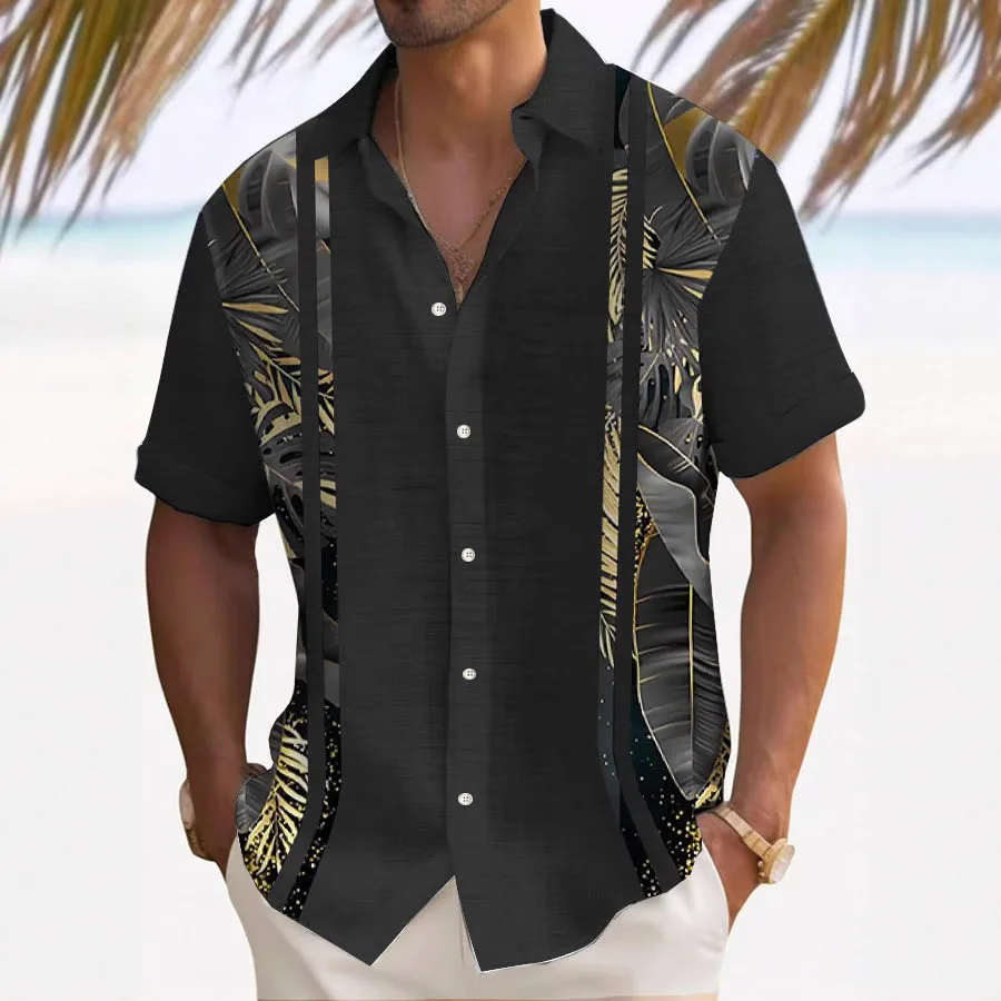 الرجال الرجعية بسيطة مخطط المتناقضة اللون ثلاثية الأبعاد قميص مطبوع قصيرة الأكمام التلبيب الأساسية هاواي شاطئ عطلة قميص حفلة #3