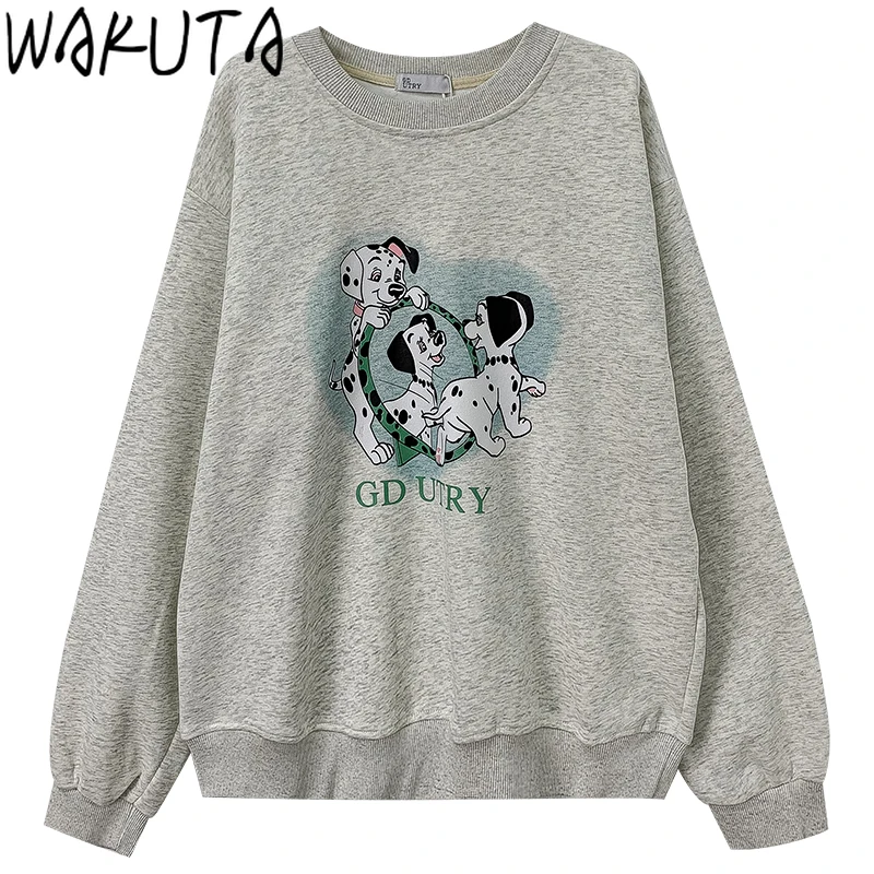 

WAKUTA Cartoon Dogs Sweatshirt Women Streetwear Casual Oversize Long Sleeve O Neck Korean Style 2024 Grey Black Females Clothes