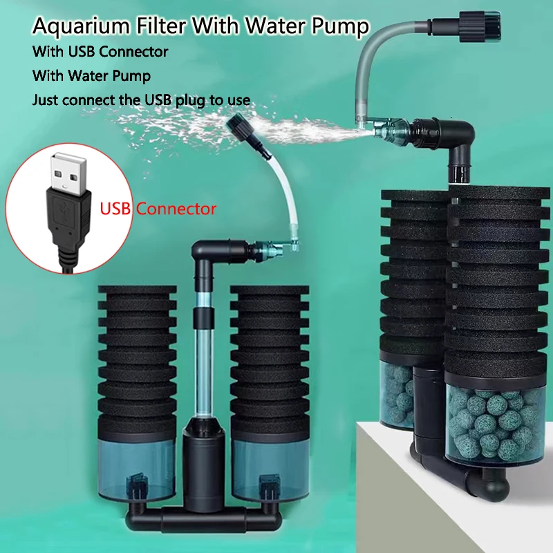 USB Aquarium Filter With Water Pump Electric For Fish Tank Air Pump Skimmer Biochemical Sponge Aquarium Bio Filter USB Connector