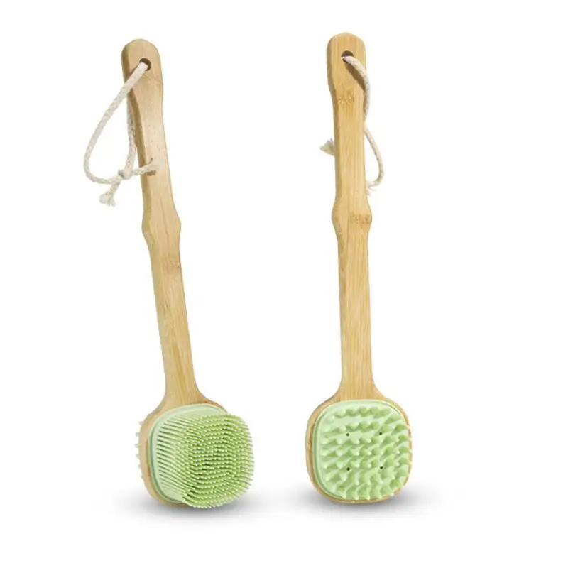 Escova De Banho De Silicone Com Longo Punho De Madeira, Back Scrubber, Pele Seca Esfoliante, Massagem Corporal Ferramenta De Limpeza, Novo