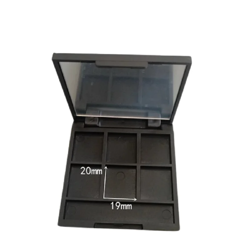 Caja de plástico vacía cuadrada para sombra de ojos, 6 rejillas, color negro mate, corrector de polvo con espejo, 20 unidades