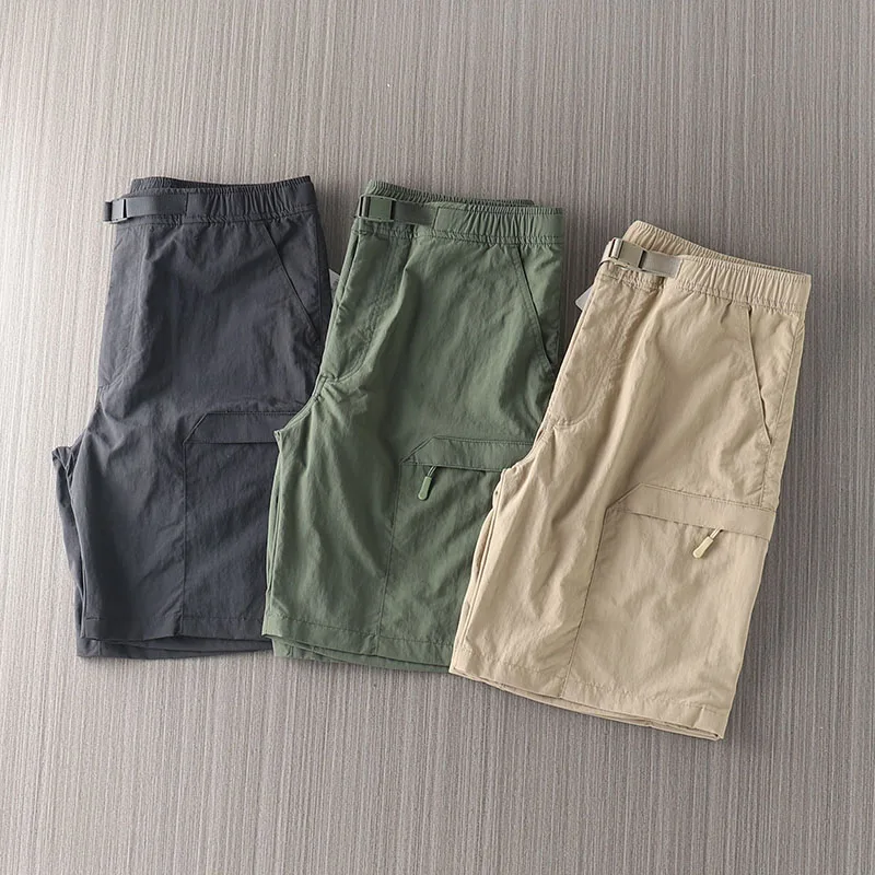 กางเกงลำลองผู้ชายแบบแห้งเร็ว ความยาวห้าส่วน สำหรับทำงาน มีเข็มขัด สีน้ำเงิน กันน้ำ ระบายอากาศ แฟชั่นฤดูร้อน