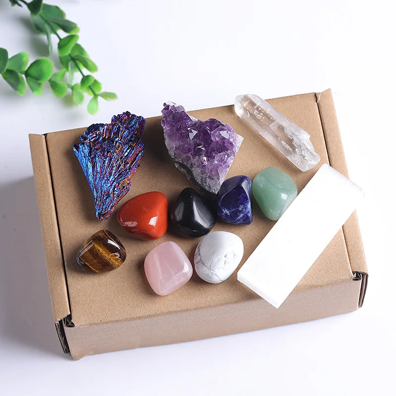 

Natural Crystal Amethyst Cluster Block Seven Color Gemstone Set Gift Box Mineral Logo