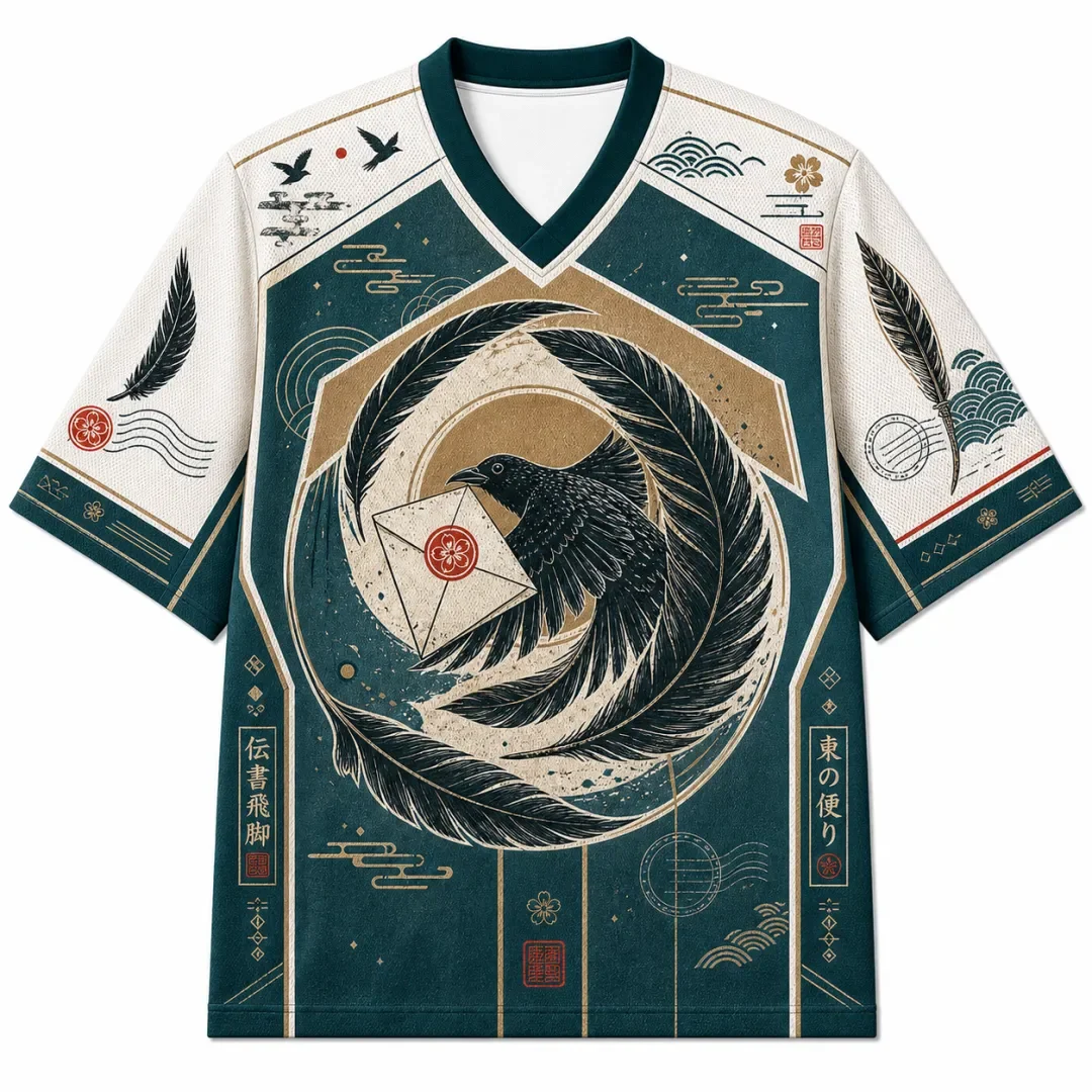Japanese Retro Crow Envelope Full Width Printed Oriental Crow Feather Wave Art Breathable Mesh Short Sleeved Sports T-shirt