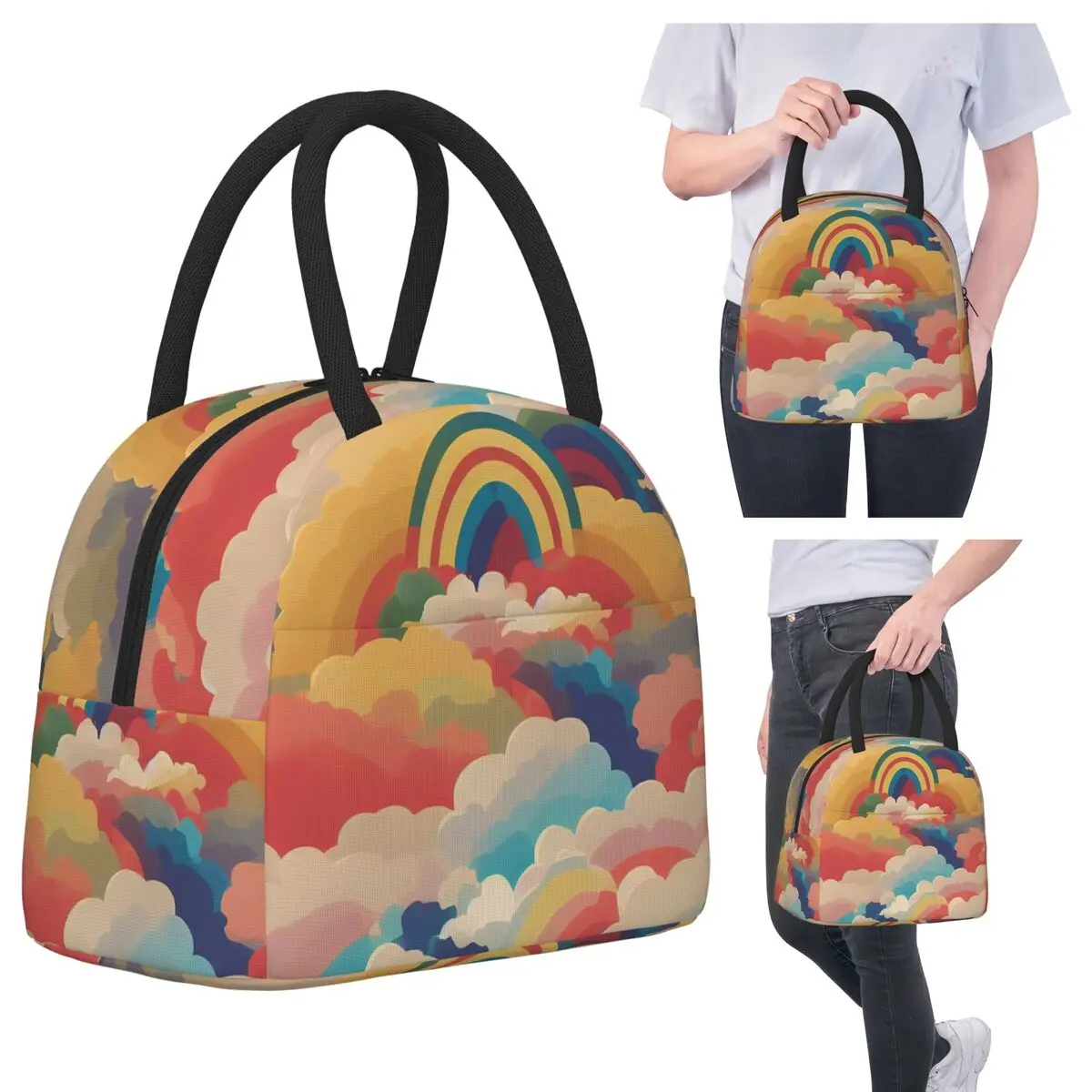 

Rainbow With Clouds Comic Style Insulated Lunch Bag for Women Office Cooler Thermal Food Box Tote Leakproof Lunch Boxes