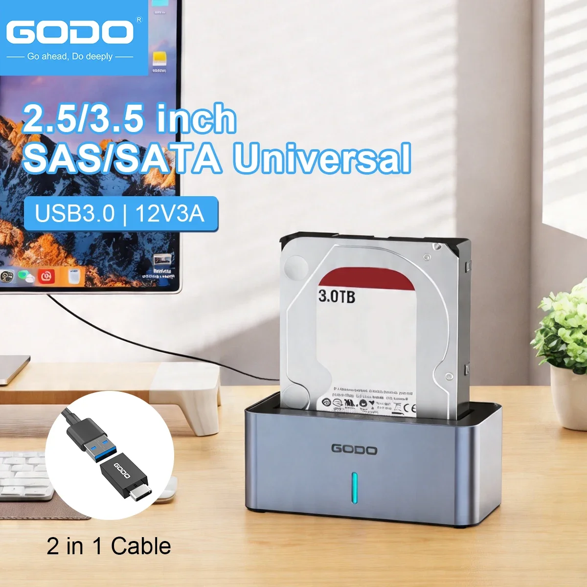 GODO 2.5/3.5 Inch SAS/SATA Hard Disk External Case Sata to USB 3.0 Hdd Docking Station Hdd Caddy Sata Hdd Case Hdd Box