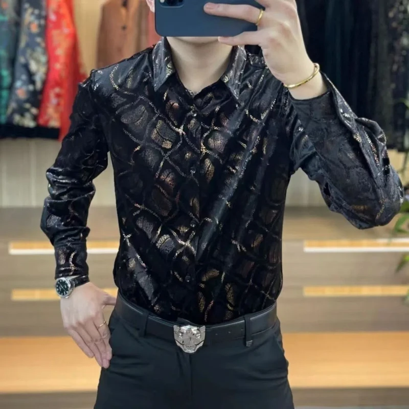 

2024 Men's Spring and Autumn New Spliced Square Collar Button Pattern Printing Comfortable Fashion Casual Long Sleeve Shirts