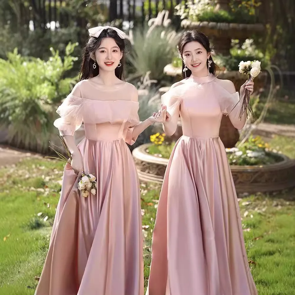 Personalizado rosa vestidos de dama de honra cetim formal vestido de noite doce memória feminino meninas princesa vestido de festa de casamento 2025 novo