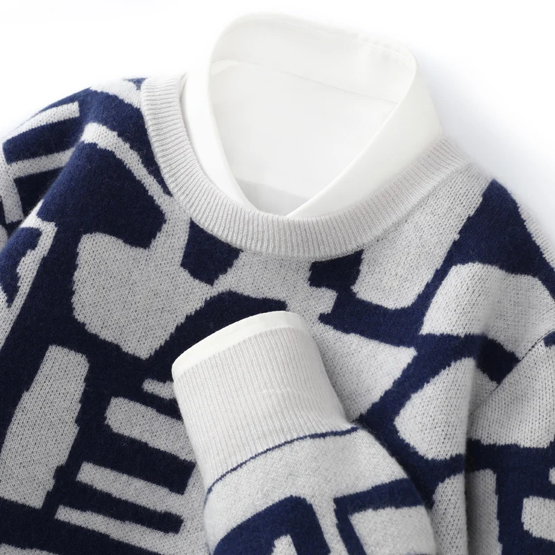 New Men's Sweater 100% Cashmere Autumn Winter Fashion Knitted Jacquard Pullover Color blocked O-Neck Thickened Men's Wear Top