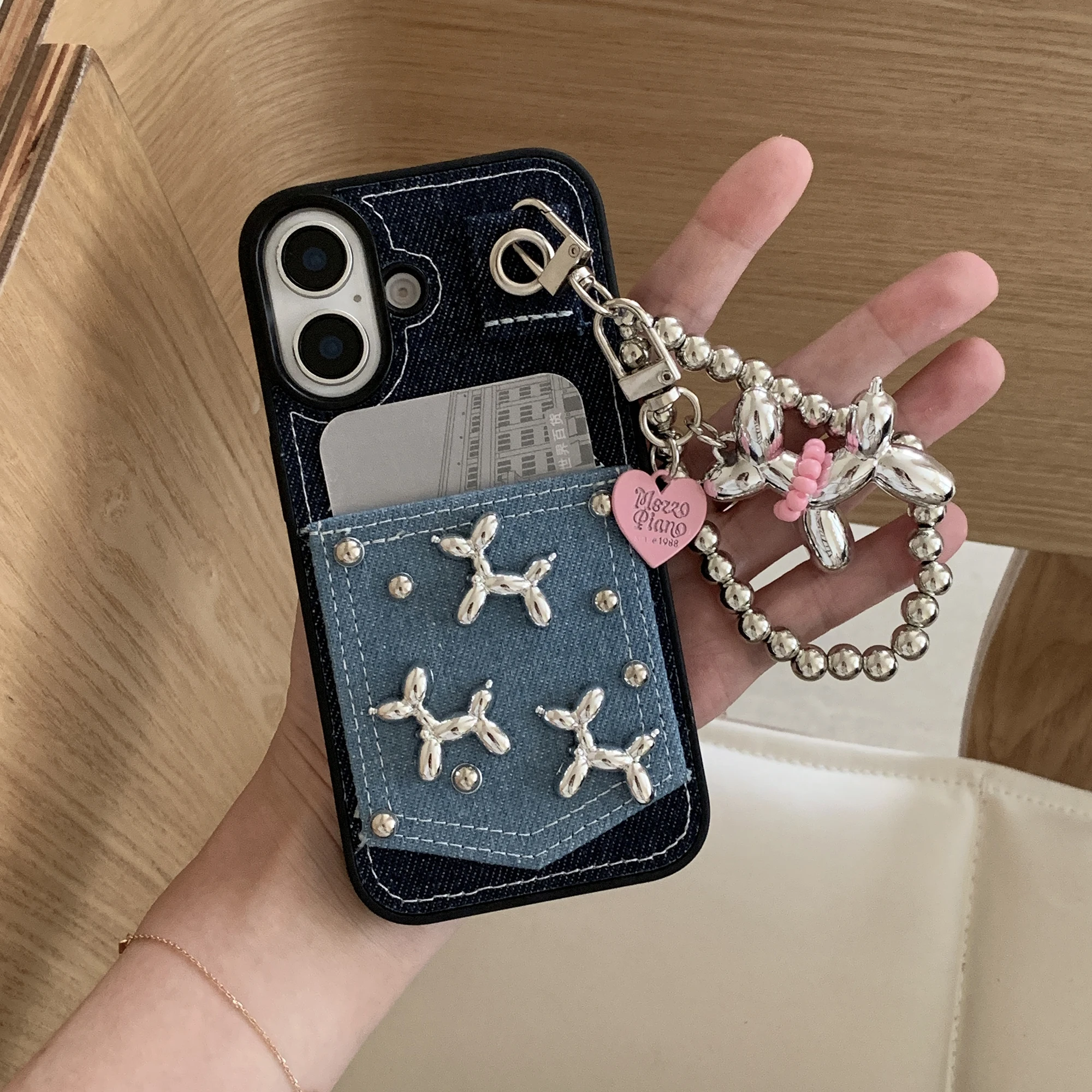 Cute Silver Balloon Dog Pocket Jean Fabric Phone Cover For iPhone 16 15 14 Pro Max 13Pro Denim Card Slot Purse Case With Widget