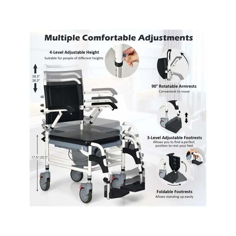 4-in-1 Multifunction Commode Chair, Shower Chair, Wheelchair, Regular Chair, 4-Level Height Adjust (36.5
