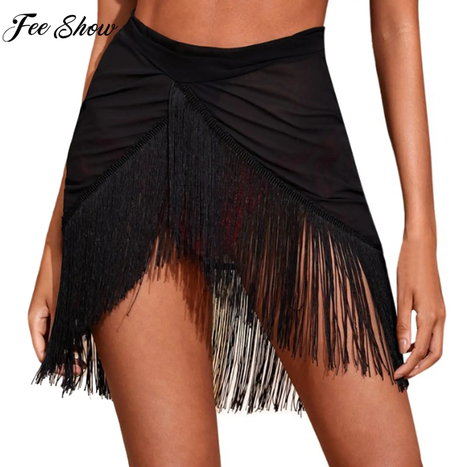 Womens See-through Tassel Skirt Lady Lace-up Solid Irregular Fringed Miniskirts Beachwear Swimwear Cover Ups Clubwear Nightwear