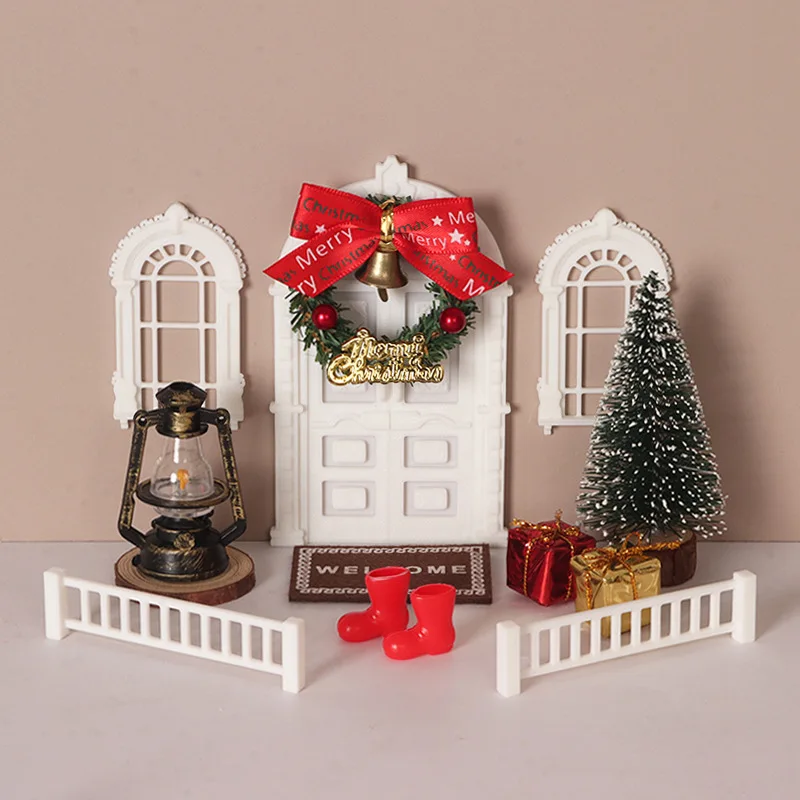 1/12 Christmas Dollhouse Mini Scene Kit,Xmas Door Window Wreath Tree Gift Box Miniature Set,Holiday Decor Prop for OB11
