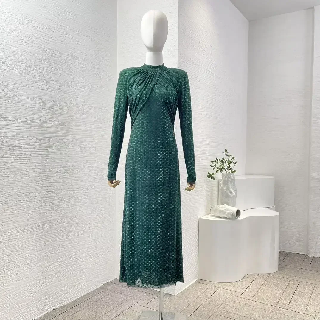 

Top Quality Women's Vintage Midi Dress Dark Green Long Sleeve Stand Collar Diamonds Rhinestone Mesh Female Dresses for Party
