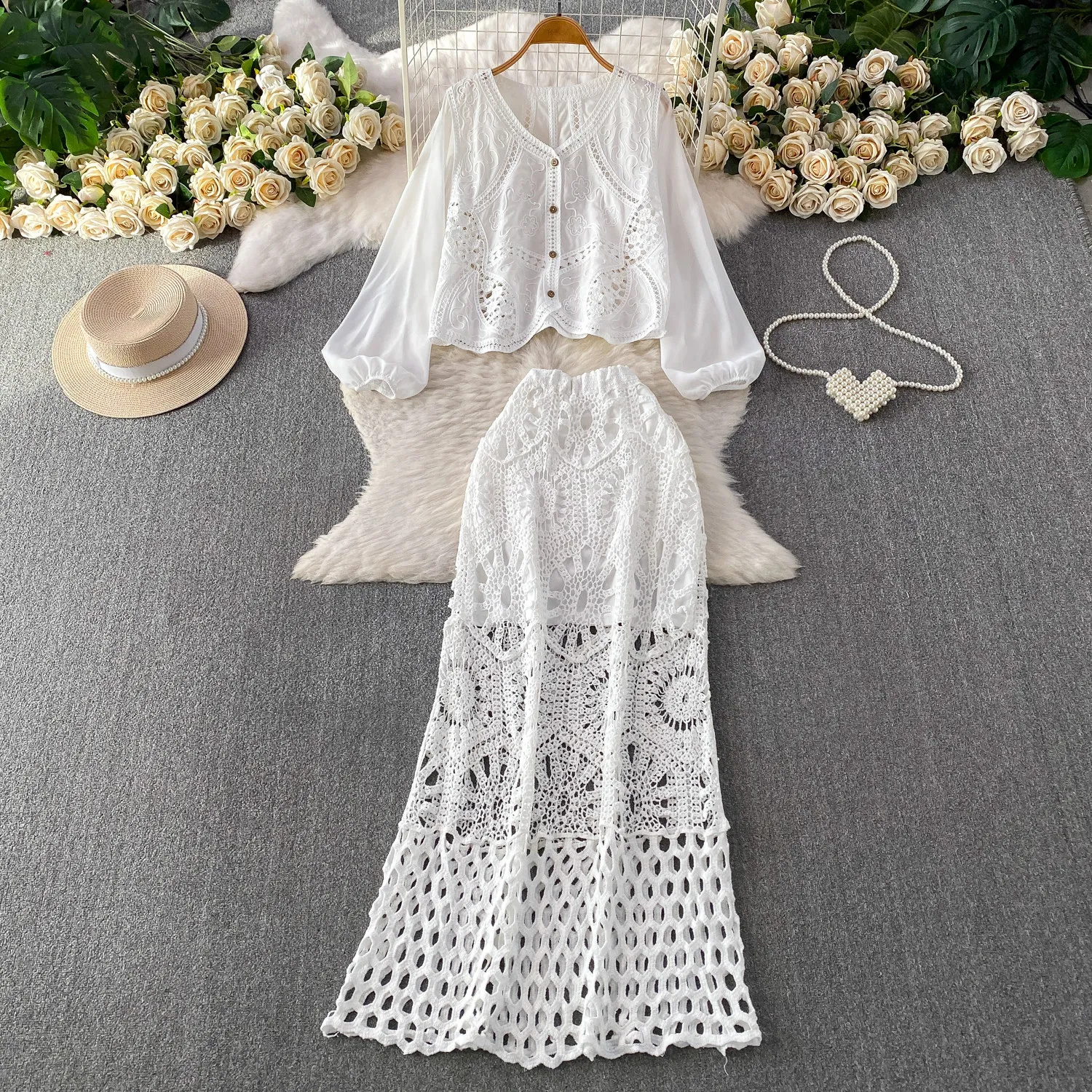 Crochet Hollow Out Women's Two-piece Set Holiday Style Thin Commuter Long Sleeve Coats & Elastic Waist White Temperament Skirt