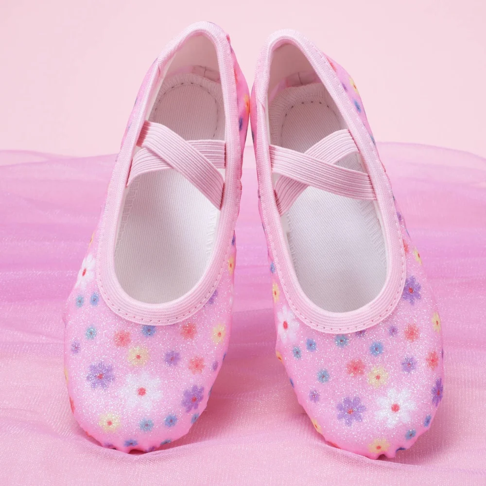 Shining Glitter Pink Little Flower Children's Dance Shoes Cross border New Product Girls Practice Dance Shoes Ballet Cat Claw Sh