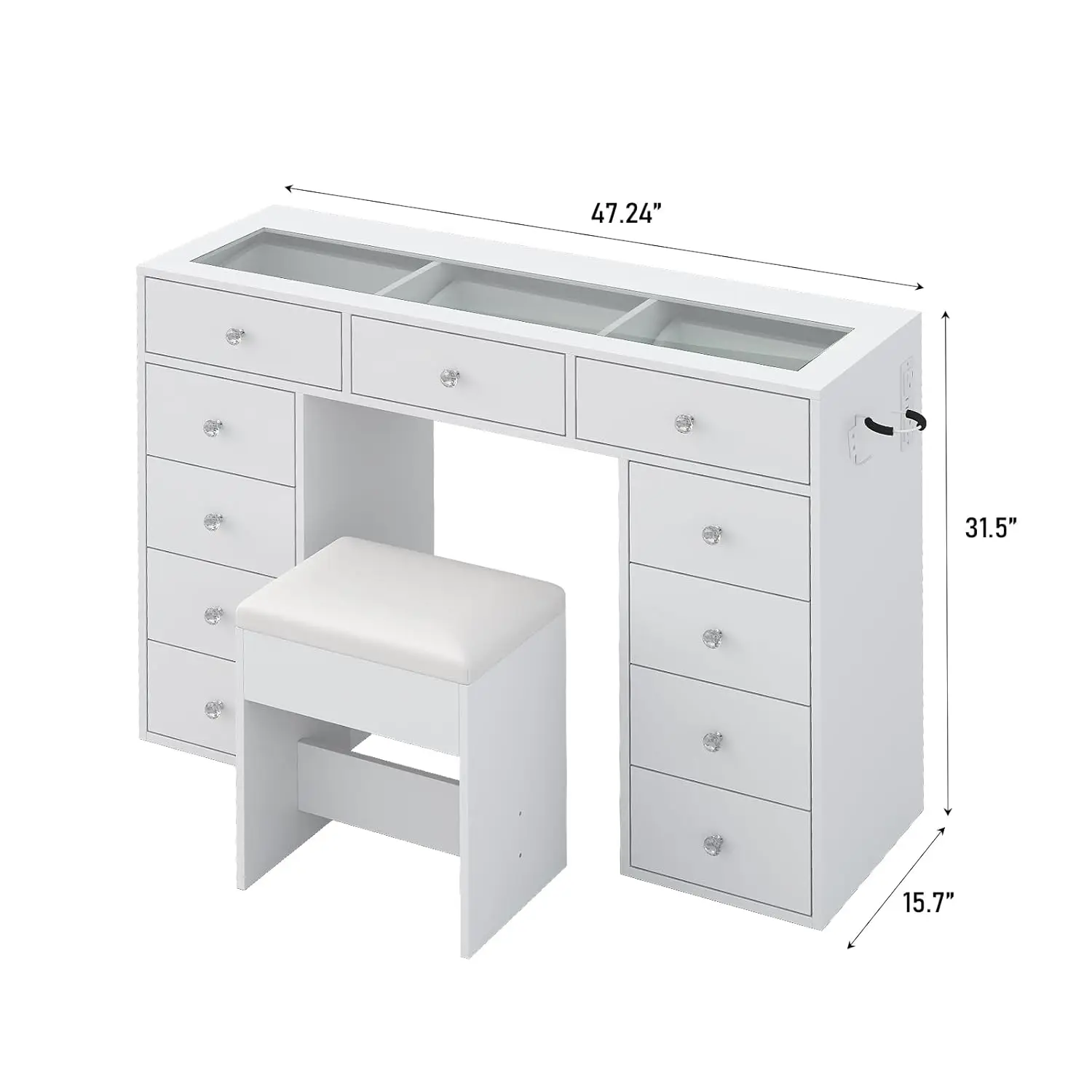 Vanity Desk Without Mirror, Glass Top Makeup Vanity with 11 Drawers & Charging Station, Modern Vanity with Chair, Customized