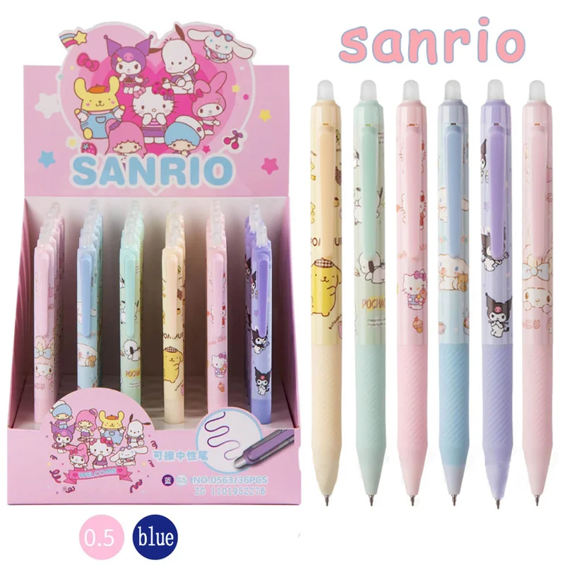 

36pcs Sanrio Erasable Gel Pens With Eraser Kawaii Hello Kitty Kuromi Student Writing Office School Supplies Stationery Wholesale