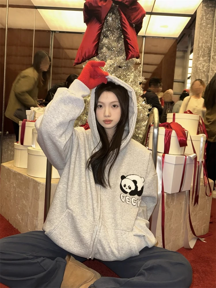 ADAgirl Kawaii Panda Graphic Hoodies for Women Embroidery Gray Oversized Sweatshirt Female Cutecore Tops Autumn Winter Clothes