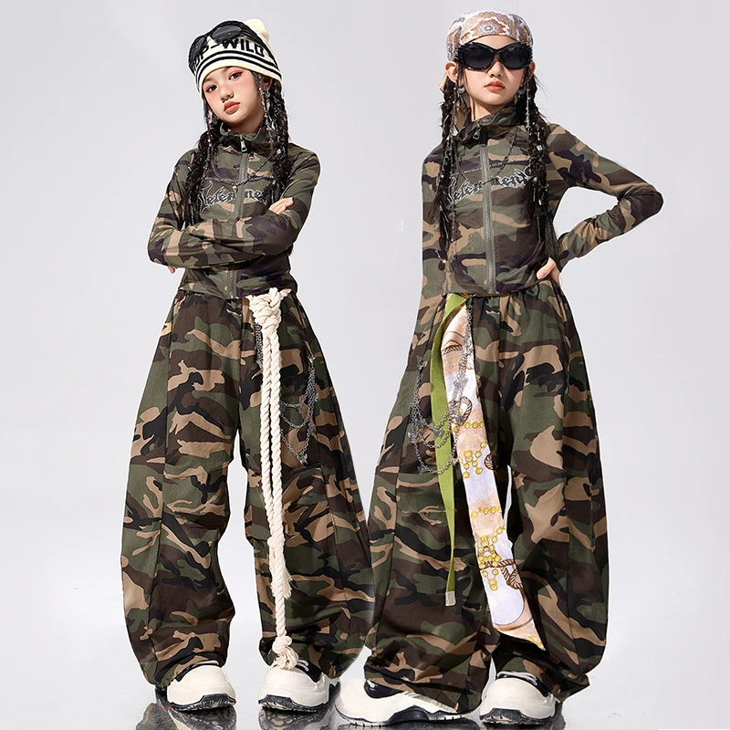 

Одежда для джазовых танцев для девочек, сценический наряд Kpop, камуфляжный костюм для выступлений, свободные брюки, детский костюм для уличных танцев в стиле хип-хоп AMY3062