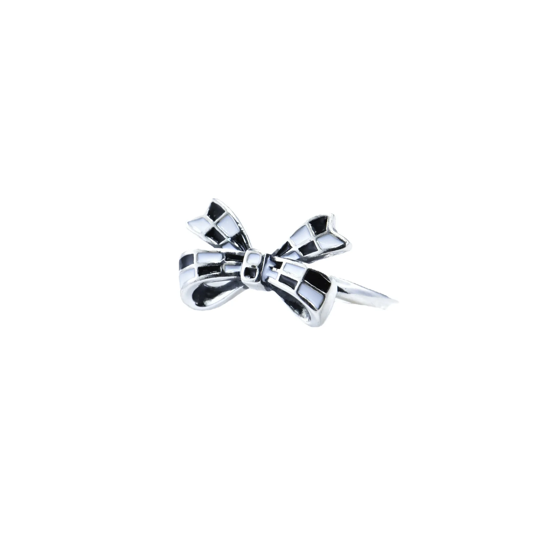 S925 silver black and white checkerboard pattern bow ring for women eleganteasiest for match open ring index finger ring