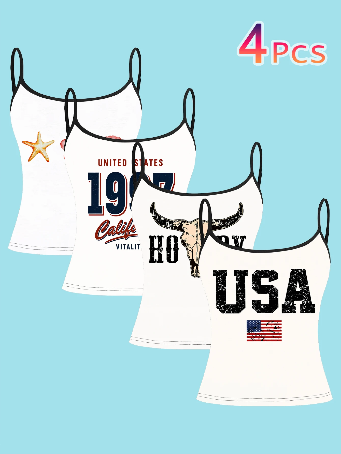 4-Piece Set of Women's Spaghetti Strap Camisoles, American Retro Lettering, Bull Head, Starfish, and Flag Print Slim-Fit Sleeveless Tops, Casual Hot Girl Outerwear and Innerwear Base Shirts