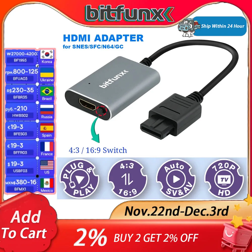 Bitfunx 720P Svideo / AV To HDMI Adapter HD Video Converter For N64/SFC/SNES/GameCube Support NTSC/PAL Retro Game Console