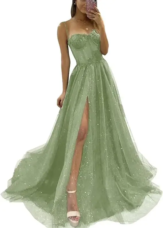 Sspaghetti Glanzende Tule Avondjurk 2023 Sexy Bandje Lace Applique Feestjurk A-Lijn Hoge Zijde Split Formele Gelegenheid Prom Jurk