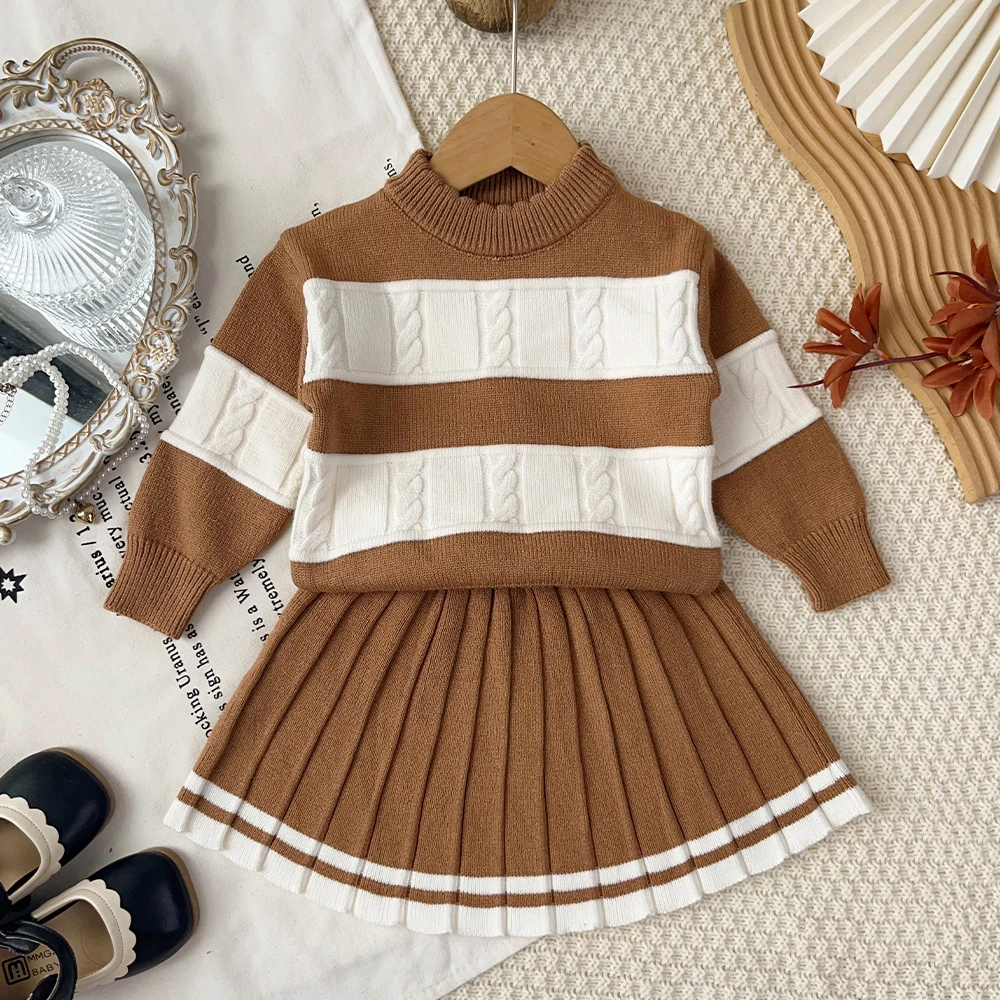 Korean Retro Brown Girls' Clothes Autumn and Winter Kids Long Sleeved Color Blocked Long Sleeved Knitted Sweater + Pleated Skirt