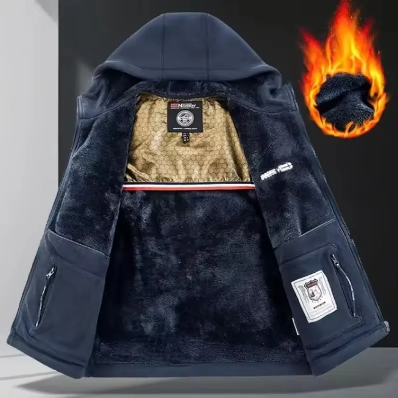 

New Men's Autumn and Winter Fleece Fashion Graphenewarm Hooded Jacket Outdoor Hiking Sports with Thick Fleece Cardigan Jacket