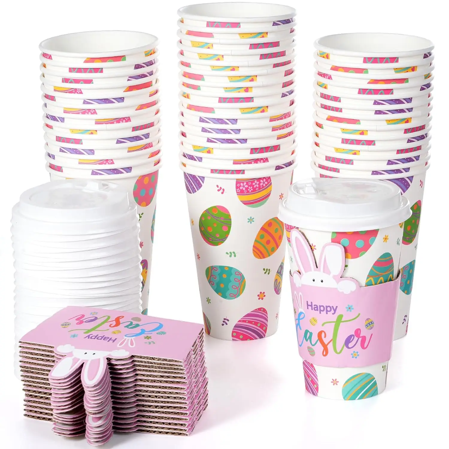 

50Set 16oz Easter Cups with Lids and Sleeves, Disposable Paper Cup Bulk Cute Colorful Eggs Paper Drinking Cups for Easte