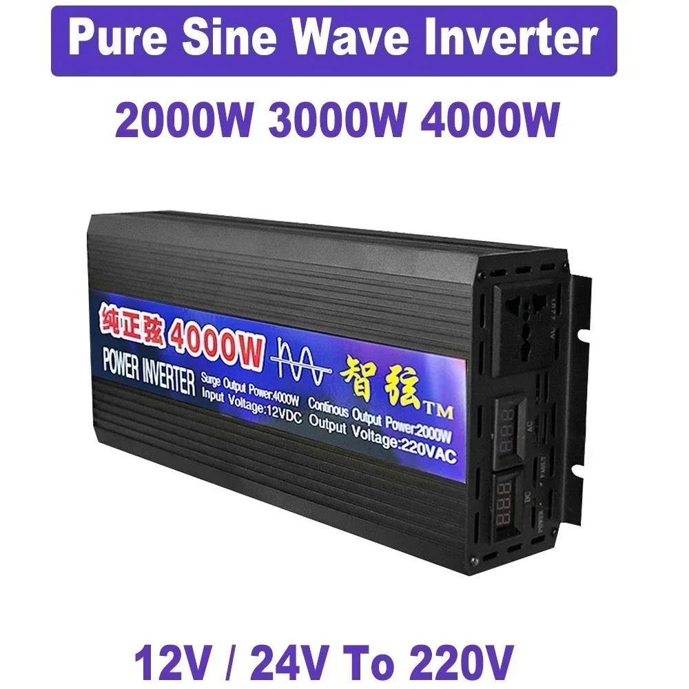 Pure Sine Wave Inverter 2000W 3000W 4000W With LED Display DC 12V 24V To AC 220V Voltage Converter Power Solar Car Inverters