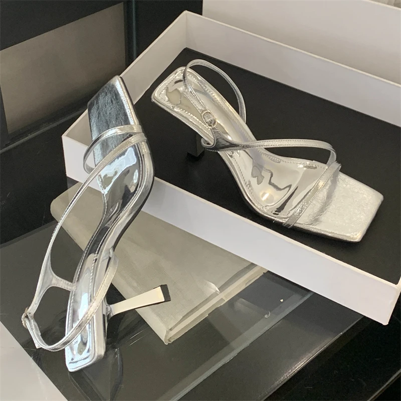 

Aneikeh Summer Fashion Narrow Band Sandals Thin Low Heel Gladiator Women Elegant Square Head Open Toe Party Shoes Zapatos