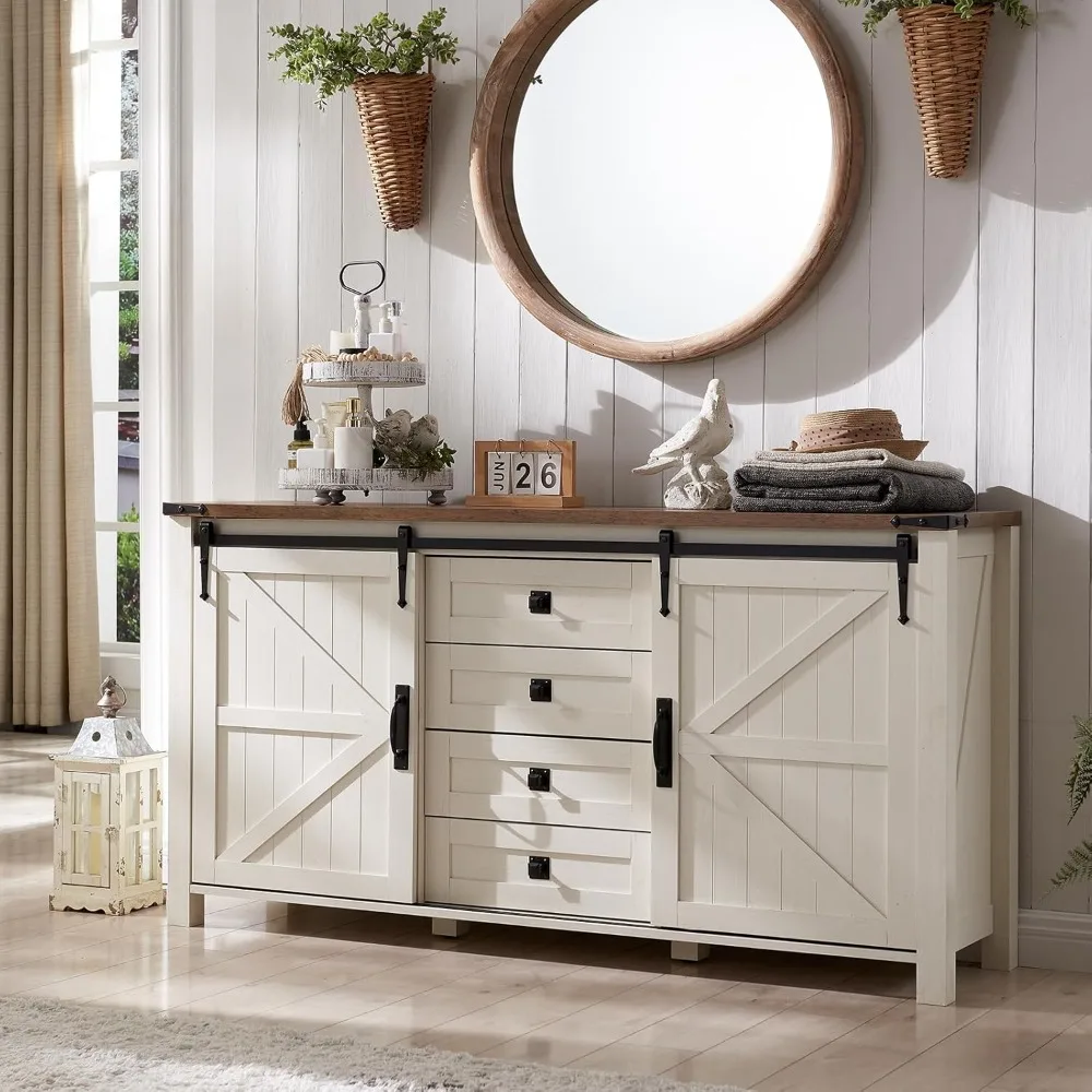 60" Farmhouse Style Kitchen Sideboard with Sliding Barn Doors and 4 Drawers, Tall Wooden Storage Cabinet