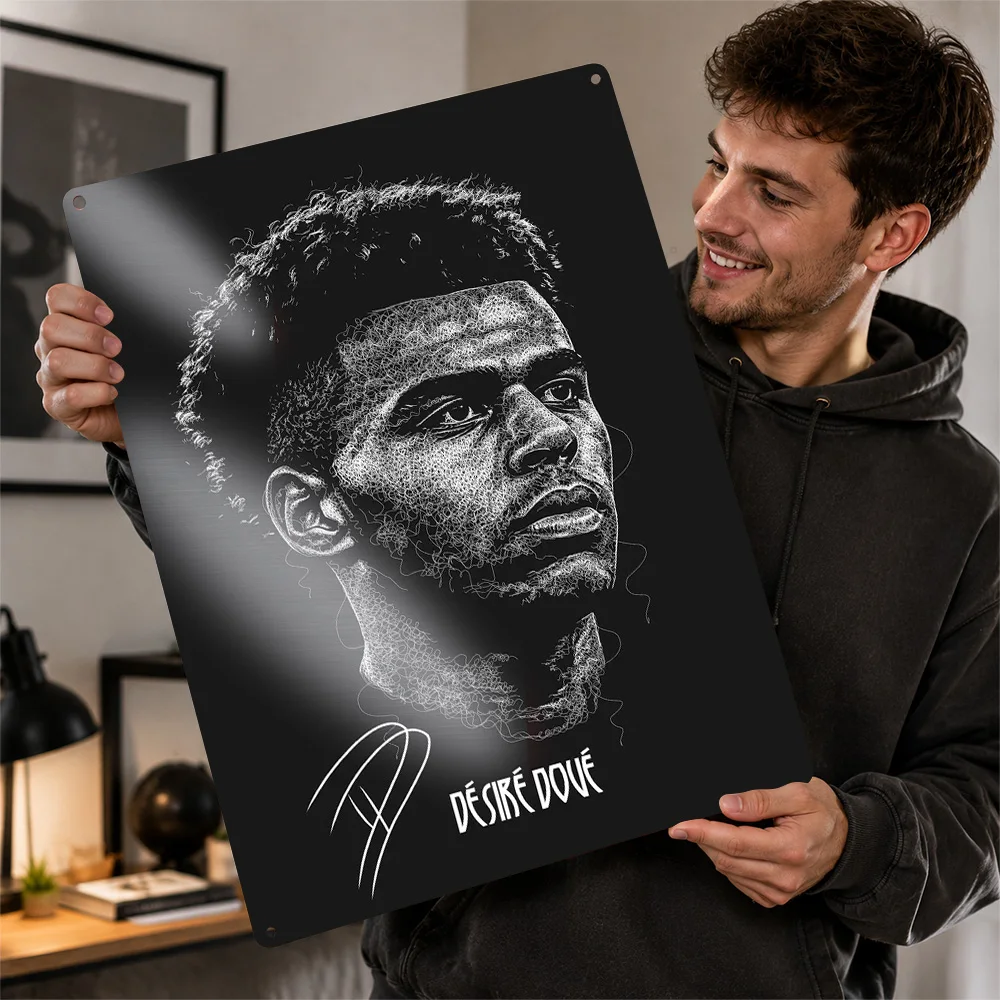 Desire Doue Football Scribble Portrait Textured Poster Personalized Metal Tin Sign Goal Action Wall Art Ideal For Club Lounges