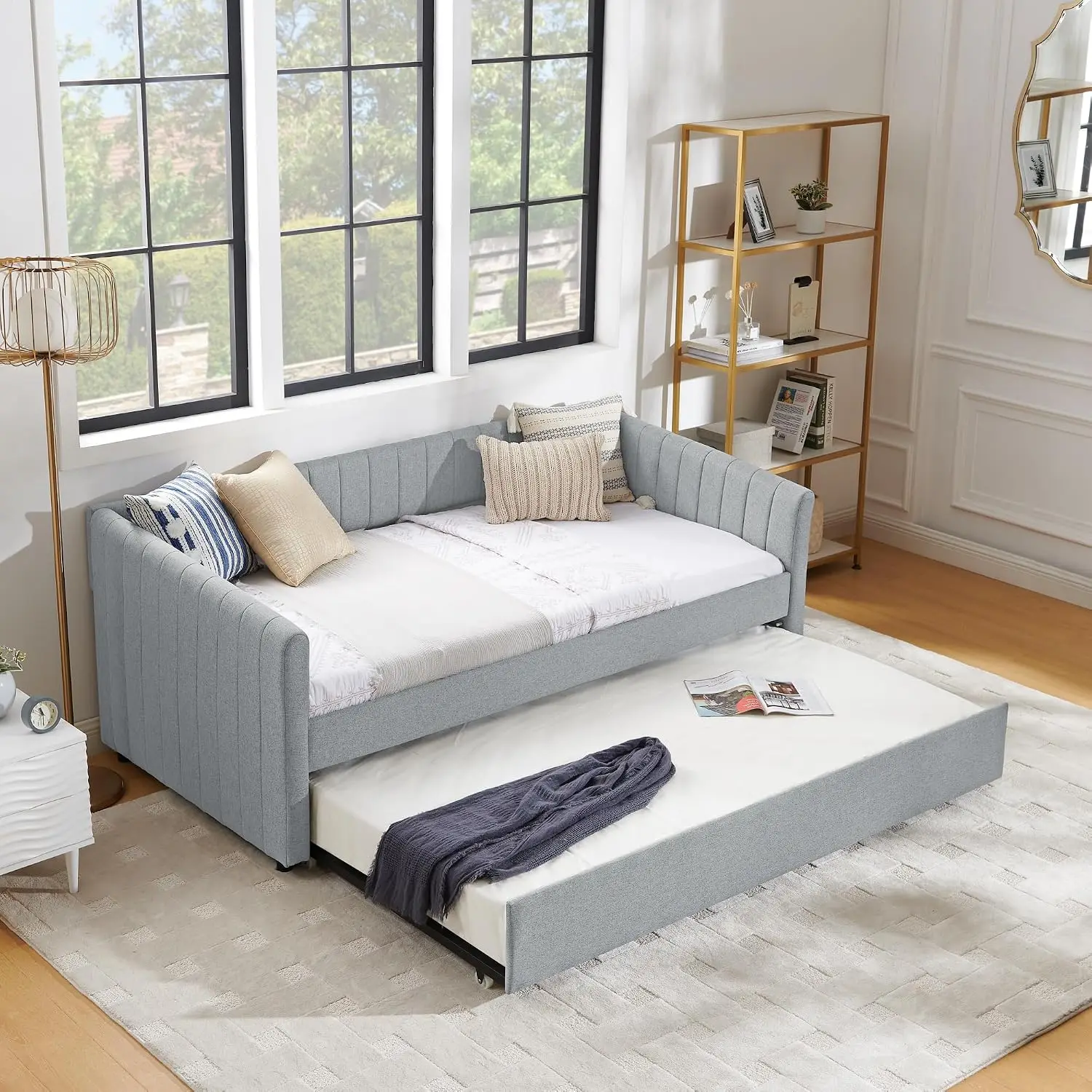 Modern Linen Twin Daybed Trundle Upholstered Sofa Stripes Bedroom Living Guest Room No Box Spring Grey, Customized