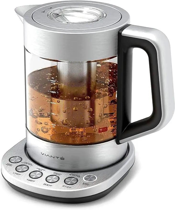 Glass electric kettle with tea infuser and temperature control. For your favorite tea and coffee brewing program