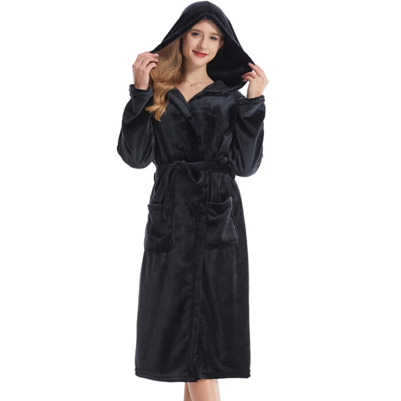 Flannel Hooded Robe for Women Coral Fleece Bathrobe Gown Sleepwear Autumn Winter Thicken Warm Lounge Wear Home Dressing Gown